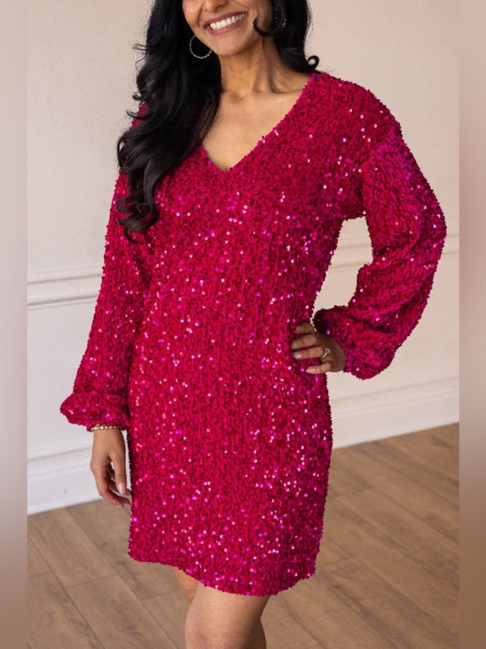 Sequin V-Neck Long Sleeve Mini Dress in pink Fuchsia